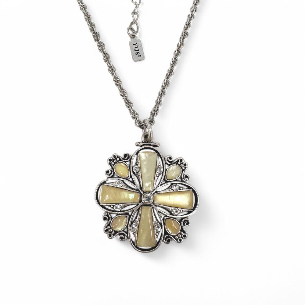 1928 Necklace Pale Yellow MOP Rhinestone Clover Pendant